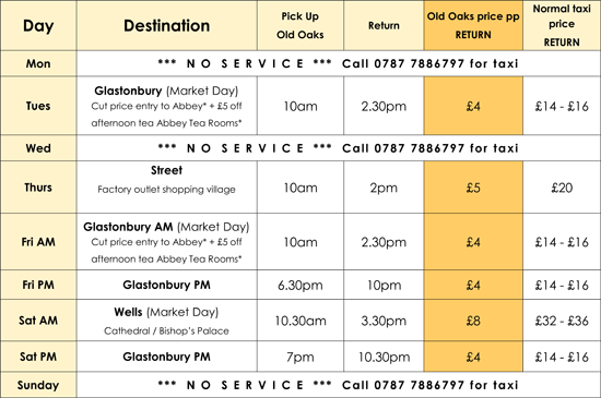old oaks minibus timetable