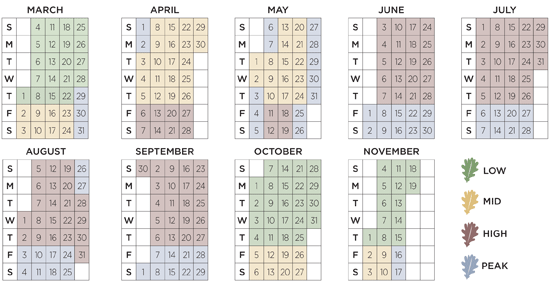 2018 booking calendar Old Oaks